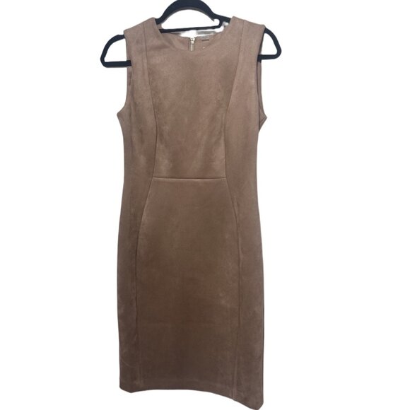 Calvin Klein Faux Suede Sleeveless Midi Sheath Dress Tan Size 6 - Picture 1 of 5